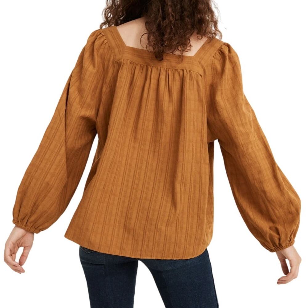 Madewell Lightweight Cotton Square Neck Bubble Sleeve Top in Antique Gold Plaid - Picture 7 of 10